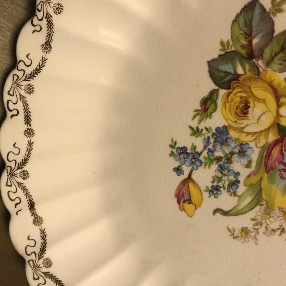 Cream Floral Scalloped Serving Platter